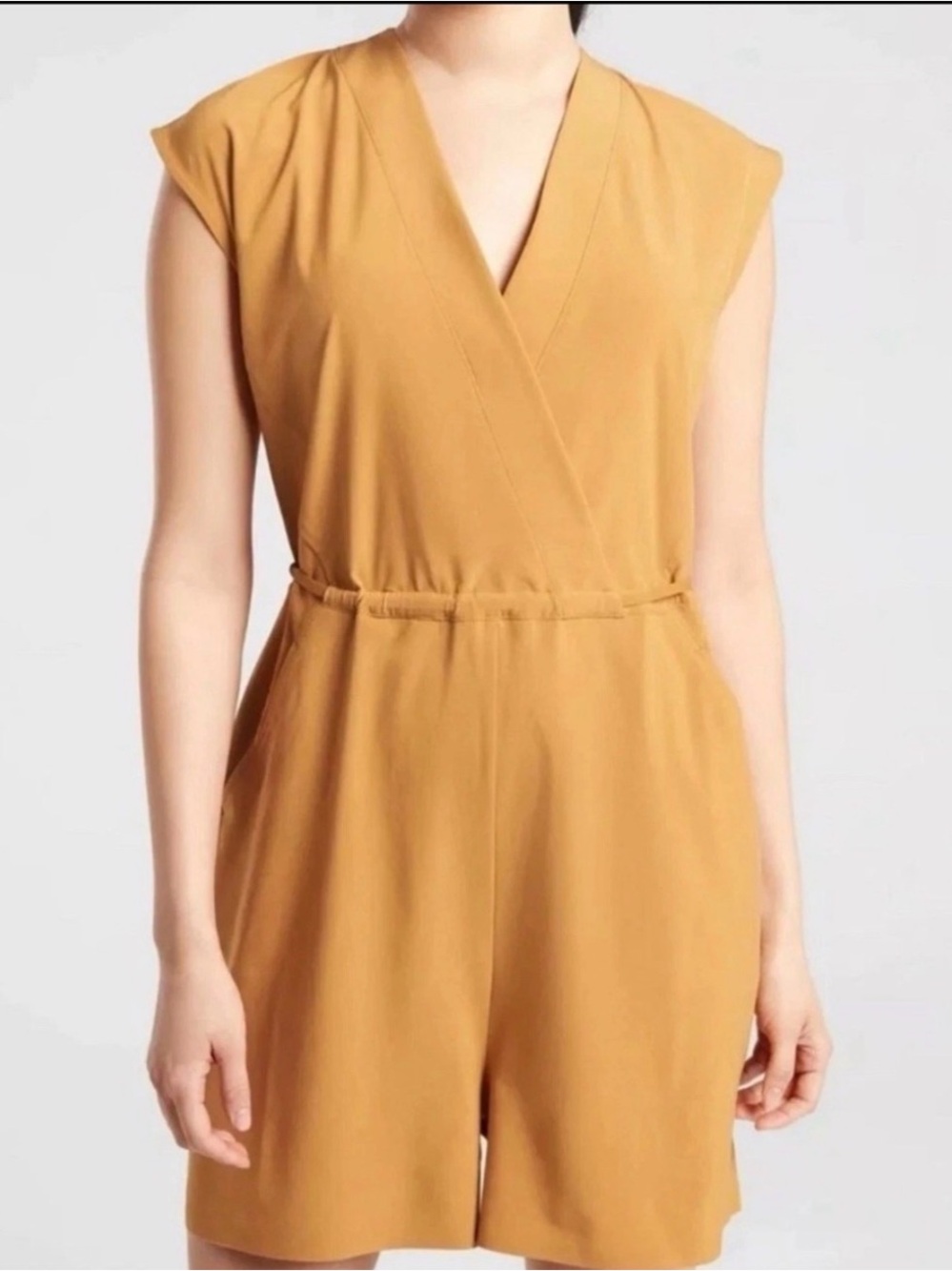 Athleta Sleeveless Wrap Romper in Mustard Gold